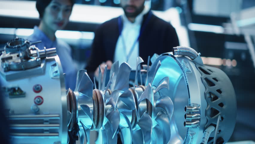 Portrait of Two Multiethnic Employees Work in Modern Research Facility with a Futuristic Jet Engine. Engineer with a Laptop Explaining How the Prototype Motor Works to an Industrial Specialist.