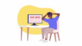 Animated isolated war anxiety. Panic attack. Looped flat 2D character HD video footage. Frightened news colorful animation on white background with alpha channel transparency for website, social media