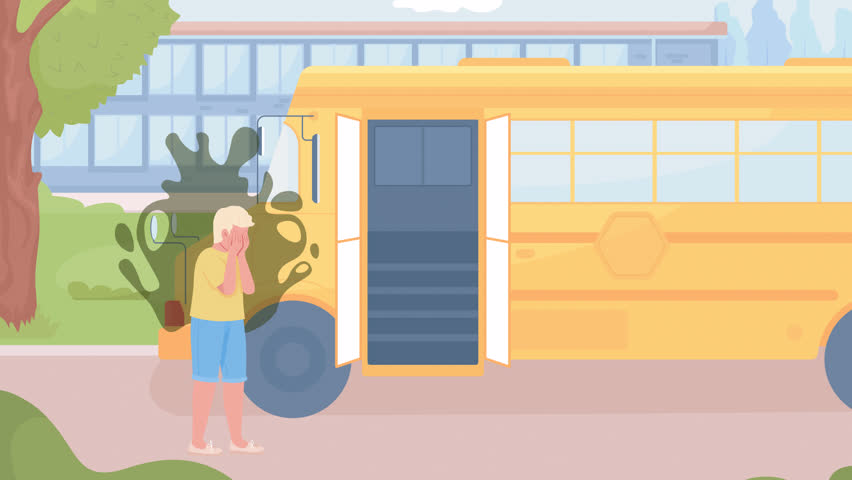 Animated fear of school illustration. Child panic disorder. Crying kid. Sudden anxiety attack. Looped flat color 2D cartoon character animation with school on background. HD video with alpha channel