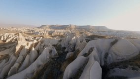 FPV Video, drone point of view, flying through the Rock Formations in Cappadocia, Goreme, Turkey.