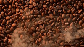 Smoked roasted coffee beans, top view of coffee beans texture.
