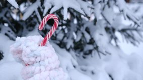 candy cane in woman hand in gloves on Christmas tree in the snow background. Christmas, Valentines day concept. - Powered by Shutterstock - Get 15% off with code: PIKWIZARD15