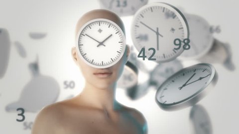 Girl with flying around the clock and digits. Time. /
Computer-generated imagery. Computer animation. Computer character.