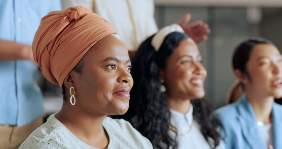 Black woman, applause and accounting business meeting with staff celebration of company success. Target growth, finance team and diversity of business group clapping for support and happiness Royalty-Free Stock Footage #1098158467