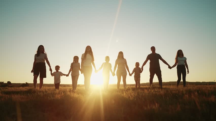 community large family in the park. a large group of people holding hands walking silhouette on nature sunset in the park. big lifestyle family kid dream concept. people in the park. large family Royalty-Free Stock Footage #1098162027