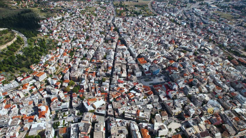 Aerial view of the city Lamia in Greece on an early morning in autumn