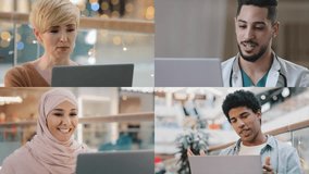 Online call virtual medical consultation with doctor medic give advice multiracial women and men chatting in group video conference ethnic people colleagues use computer webcam split screen concept - Powered by Shutterstock - Get 15% off with code: PIKWIZARD15