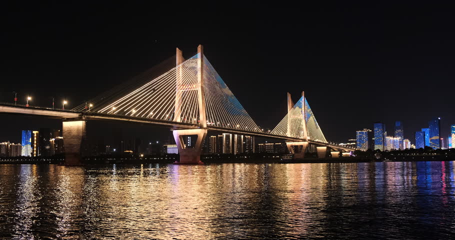 colorful Second Wuhan Yangtze River Bridge at night. A cable-stayed bridge across the Yangtze River in Wuhan, Hubei province, China