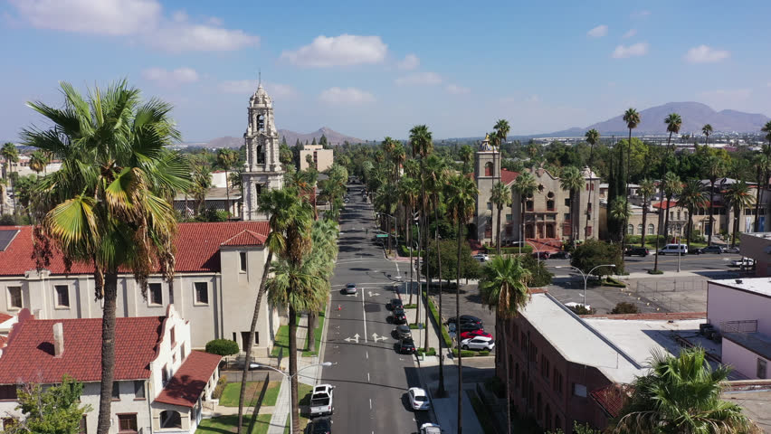 Daytime aerial view of historic downtown Riverside, California, USA.