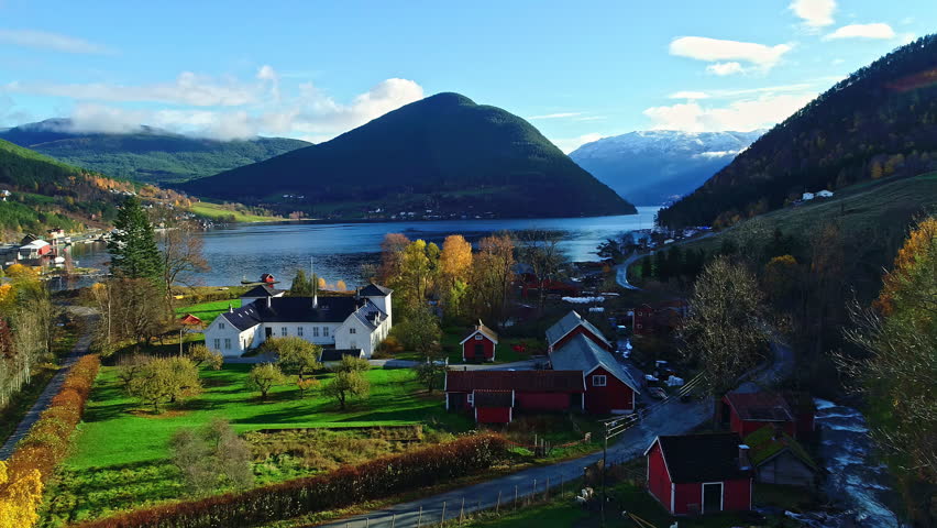 Beautiful zoom out of aerial shot revealing gorgeous landscape in Norway