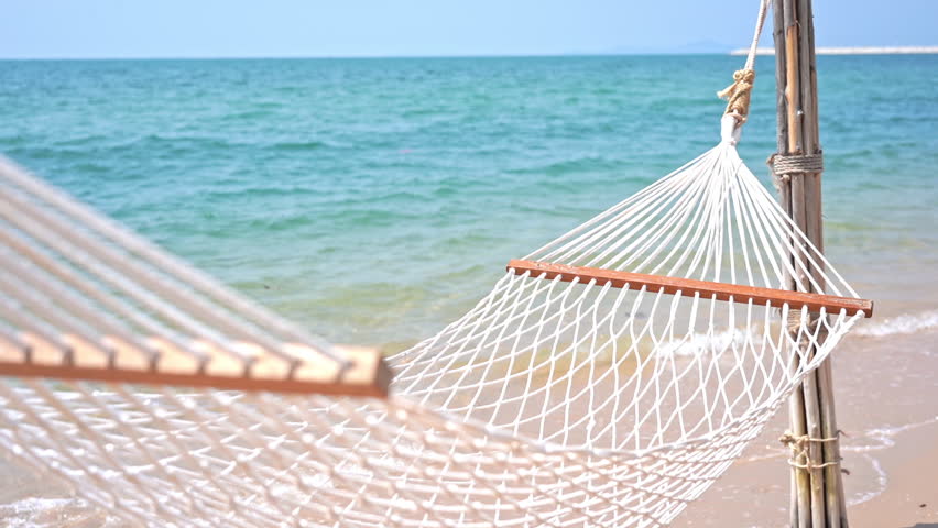 Empty Hammock on Tropical Beach, Turquoise Sea Water and Net Bed, Slow Motion Royalty-Free Stock Footage #1098177367