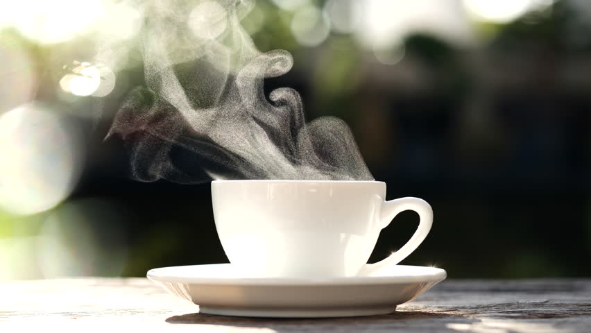 White coffee cup, mug with steaming smoke of coffee on old wooden table in morning nature outdoor, home garden background, 4K resolution. Hot Coffee Drink, Beverage Concept.