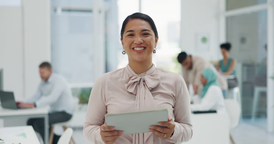 Face, tablet and business woman in office with vision, mission and success mindset. Technology, leadership and female with touchscreen for marketing research, email or internet browsing in workplace. | Shutterstock HD Video #1098182451