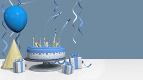 Birthday cake with blue cream, candles and 5 rocket-firing cannons flying out, decorated scene with gifts, streamers and a balloon against gray blue background.3D animation - Powered by Shutterstock - Get 15% off with code: PIKWIZARD15