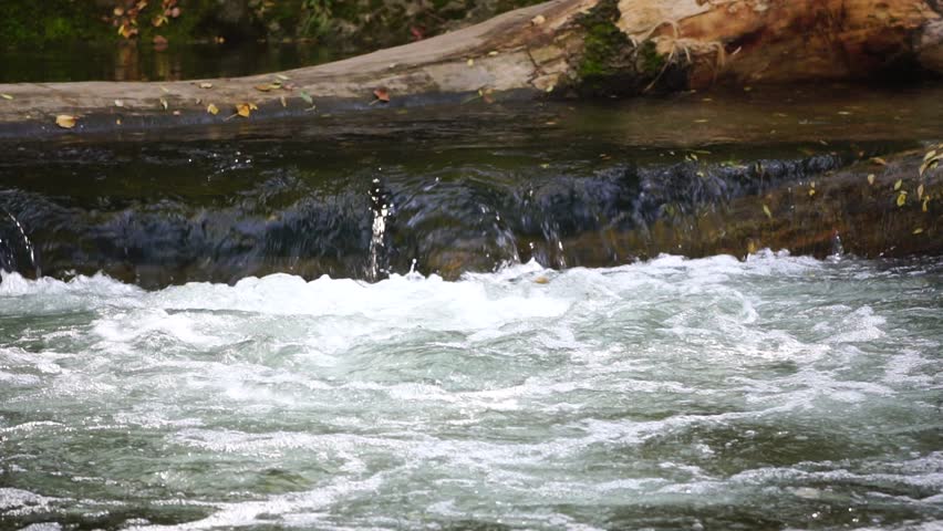 Closeup of a rushing stream, swift flow of spring water with some autumn colourful leaves in the water. Grey big stones, fallen autumnal leaves. Waterfall at fall. Nature