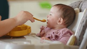 baby newborn eats. happy family dream weaning concept. dirty mess baby girl eating vegetables. baby daughter indoors eats on a feeding chair dirty face. naughty dirty babe indulges while feeding . - Powered by Shutterstock - Get 15% off with code: PIKWIZARD15