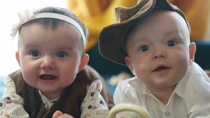 twin babies in retro clothes. brother and sister a twins kids sit on the couch in retro clothes cap play among themselves. happy family kid dream twin concept fun