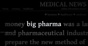 Big Pharma headline news titles across international media with medicine and pharmaceutical business. Abstract concept displays loop. Dynamic flight between screens with glitch effect seamless looped 