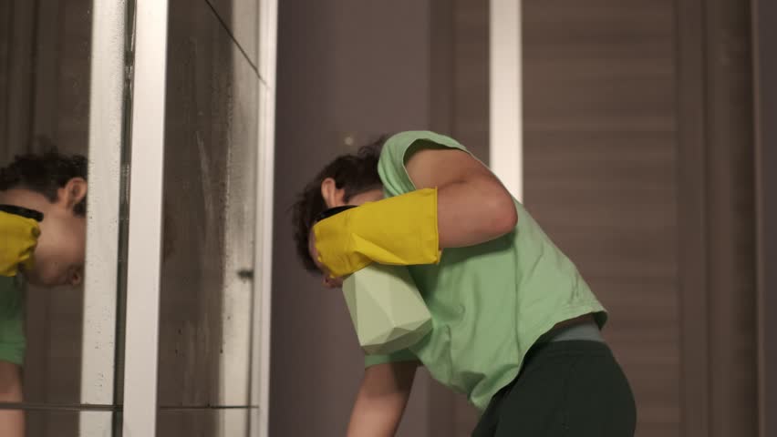 cheerful Asian boy washes a mirror with a spray. fun cleaning, cute little helper cleaning house. side view