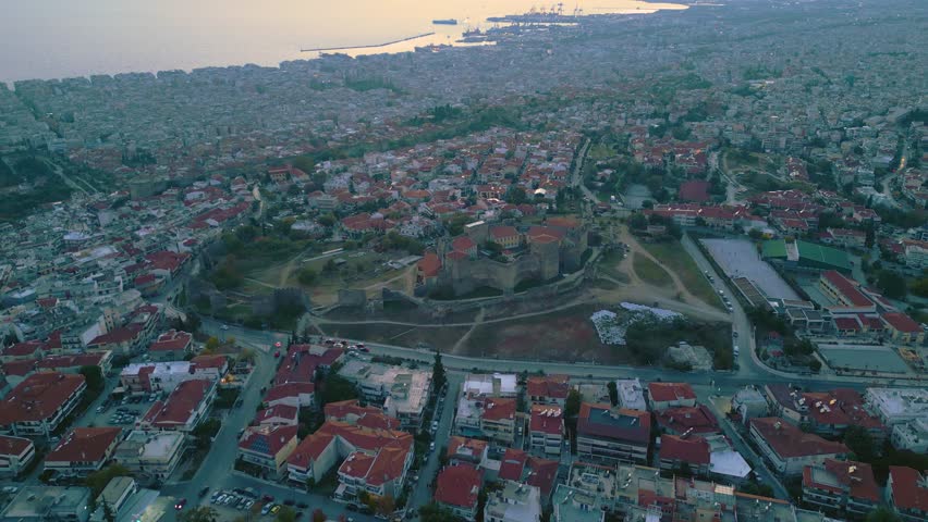 Aerial view around the city Thessaloniki in Greece in the late afternoon in autumn	