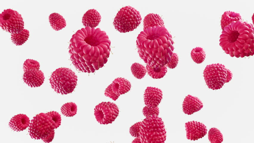 Raspberries falling down on white background. Group of spinning raspberries fall down in slow motion. Royalty-Free Stock Footage #1098205417