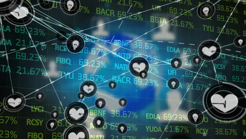 Animation of network of digital icons and stock market data processing against profiles and globe. Global economy and business networking technology concept - Powered by Shutterstock - Get 15% off with code: PIKWIZARD15