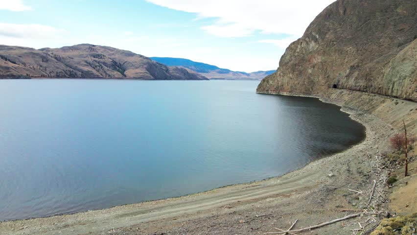 Scenic Shot of the sand beaches on Kamloops lake on a sunny day in the fall, a desert environment in the Nicola Thompson Region in BC Canada