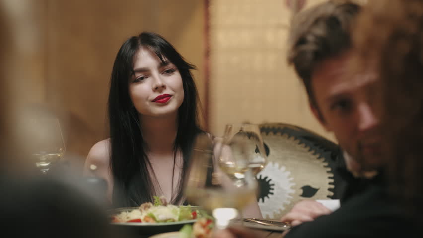 Beautiful woman spending evening with friends or relatives in restaurants, portrait of smiling lady | Shutterstock HD Video #1098210689