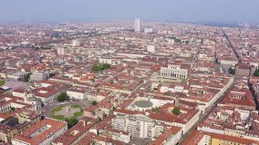 Inscription on video. Turin, Italy. Flight over the city. Historical center, top view. Lightning strikes the letters, Aerial View