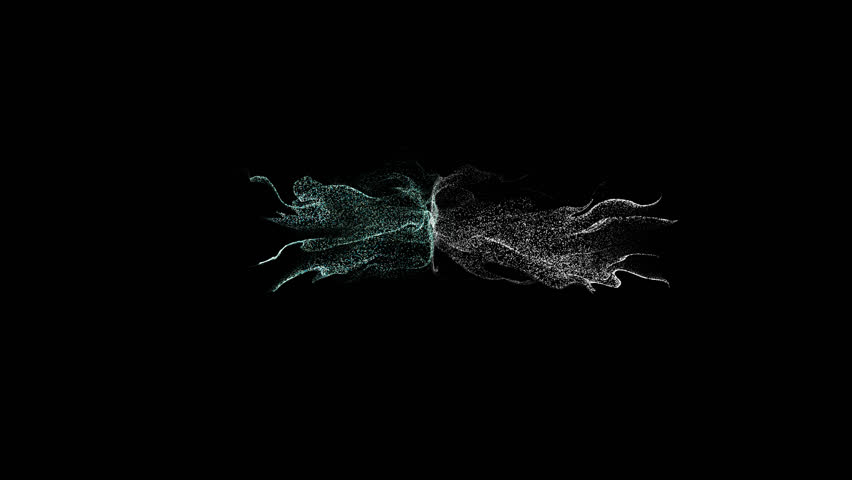 Collision of two opposing particle streams on black background with Alpha Channel. Physics of Motion and Interaction. Scientific mapping of gravity force. Tutorial Video. 3d animation | Shutterstock HD Video #1098214563