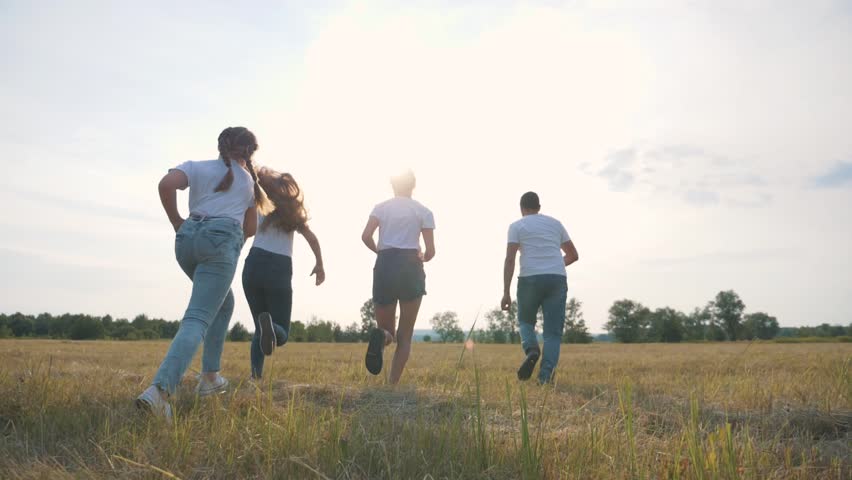 Happy family in the team mom dad children, kids run together in the park at sunset, silhouette groups of people in the park, parents and daughters cheerfully run through the grass on vacation. Team. Royalty-Free Stock Footage #1098214829