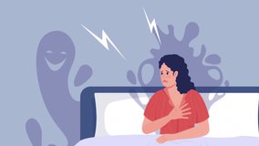 Animated nightmares illustration. Panic attack at night. Woman wake up from fear. Looped flat color 2D cartoon interior animation with bed and ghosts on background. HD video with alpha channel
