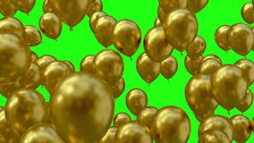 Golden Balloons Flying from Bottom to Top Isolated on Green Screen Background,4K Video Element