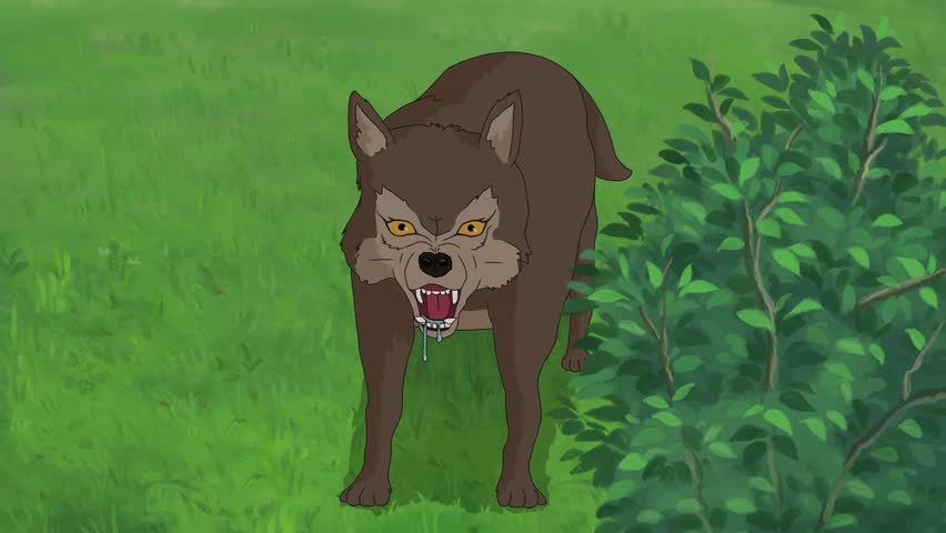 (2D Animation) An angry wild wolf with his mouth hanging.