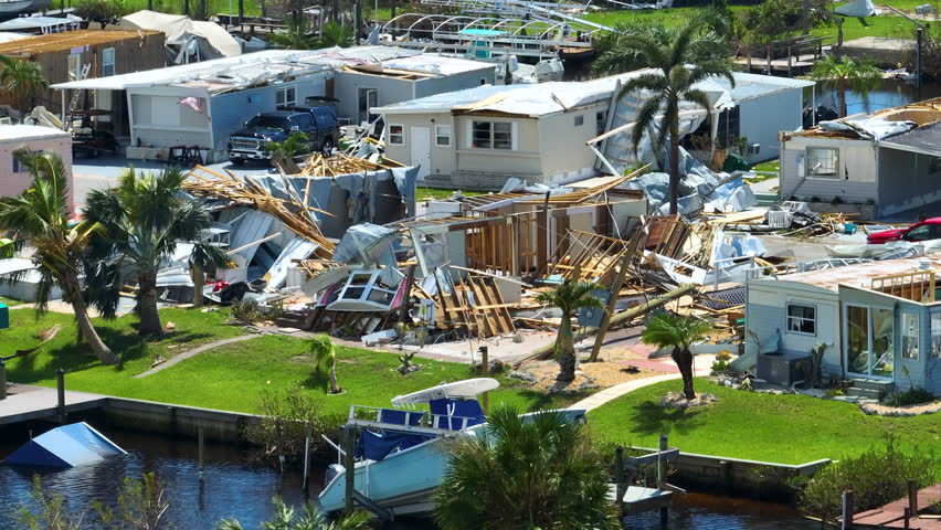 Badly damaged mobile homes after hurricane Ian in Florida residential area. Consequences of natural disaster | Shutterstock HD Video #1098224099
