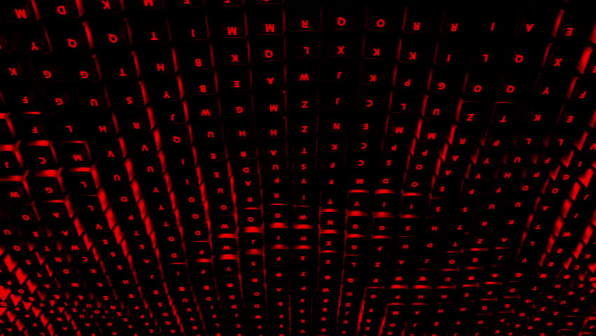 Black background with keyboard keys. Design. Bright letters highlighted in red and white colors in the animation move in different directions.