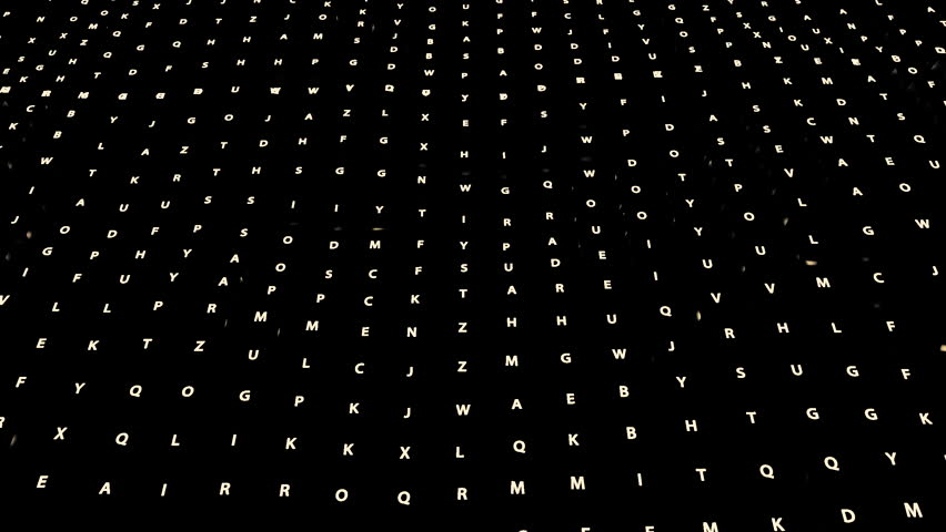 Black background with keyboard keys. Design. Bright letters highlighted in red and white colors in the animation move in different directions.