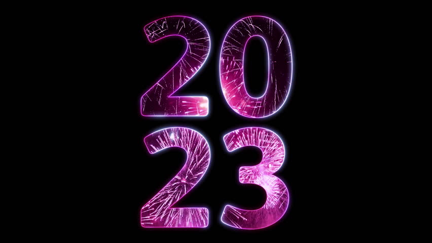 Isolated "2023" sign shaped by bright colorful neon glowing purple blue and pink fireworks isolated on black background. 3D animation loop concept for festive Happy New Year's Eve festival showcase. | Shutterstock HD Video #1098234111