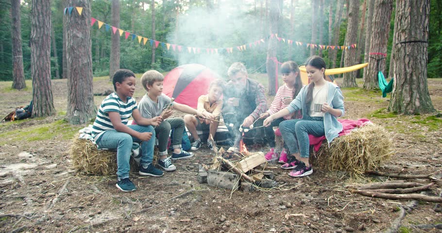 Teacher enjoying with his pupils on camping while sitting around campfire and baking marshmallow. Tents are just behind them. They are camping in beautiful nature with forest in background | Shutterstock HD Video #1098234209