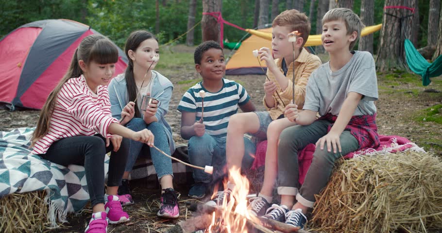 Little kids relaxing and resting in nature. Pupils sitting in forest and frying marshmallow. Happy tourists having rest and talking at tent. Camping concept | Shutterstock HD Video #1098234235