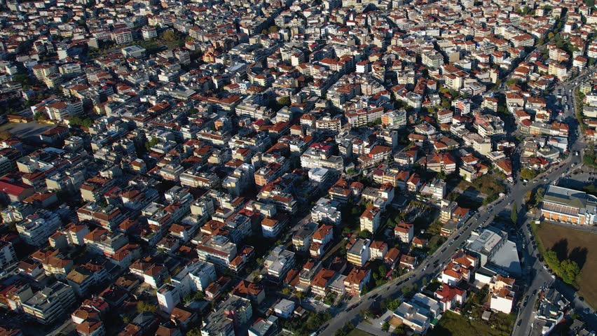 Aerial view around the city katerini in Greece on an early sunny morning in autumn	
