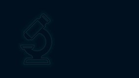 Glowing neon line Microscope icon isolated on black background. Chemistry, pharmaceutical instrument, microbiology magnifying tool. 4K Video motion graphic animation.