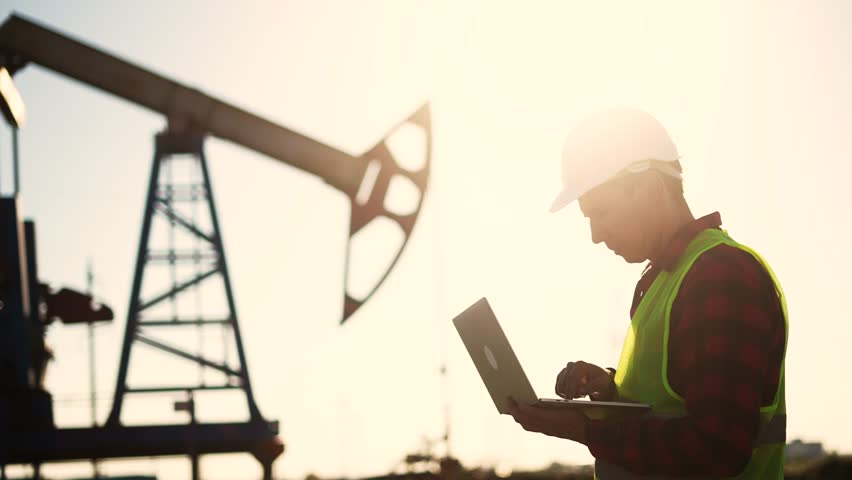 Oil business. a worker works next to an oil pump holding a laptop. industry business oil and gas concept. engineer studying lifestyle the level of oil production on a laptop silhouette at sunset