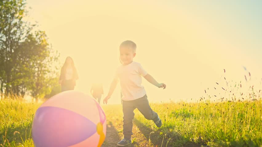 Children playing ball in the park. happy family a kid dream concept. a little boy and a group of children are kicking a big colored ball in a park in the forest outdoors. baby boy play soccer ball | Shutterstock HD Video #1098236771