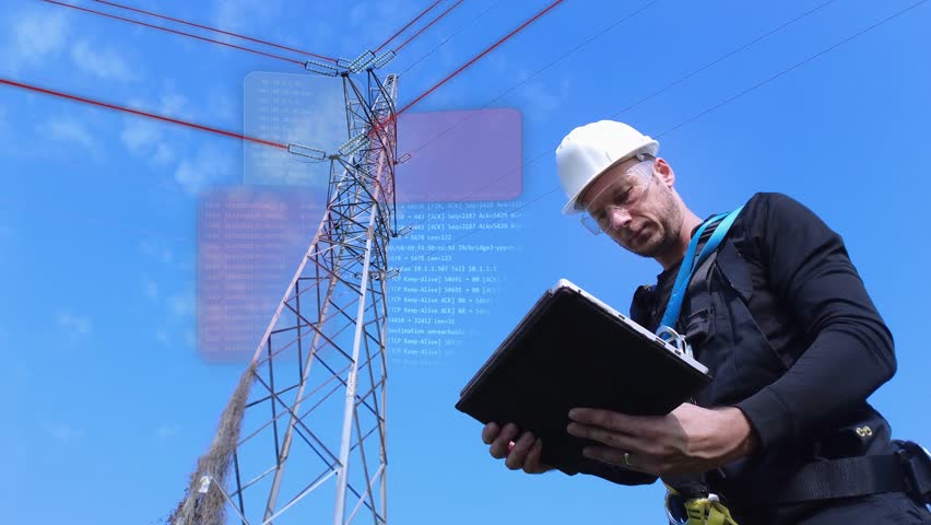 Electrical engineer servicing pylon tower with tablet - 3D render