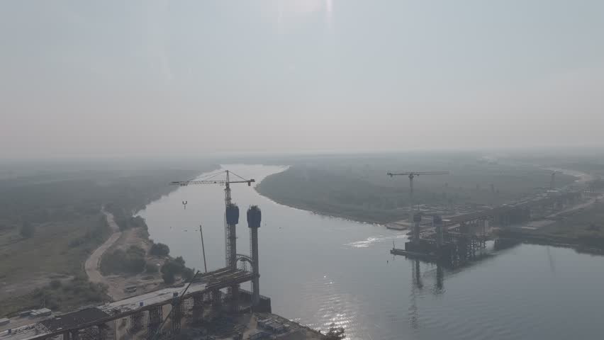 A-Log. Murom, Russia. Construction of a bridge across the Oka River. Highway M-12 Moscow-Nizhny-Novgorod-Kazan, Aerial View, Point of interest