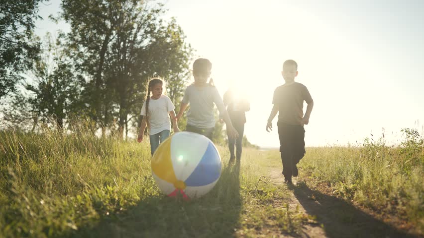 Happy team of children in park with ball. Healthy active children have fun play in field on green grass. Group of kid in summer on grass play football together with ball.Boys and girls on lawn in park | Shutterstock HD Video #1098251663
