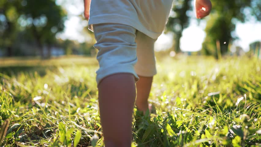 Boy kid run on grass in summer in park. Feet close up on green grass in sun. Kid dream in nature. Children play in the park on vacation. Active child jogging on a picnic in summer in a park in nature Royalty-Free Stock Footage #1098251703