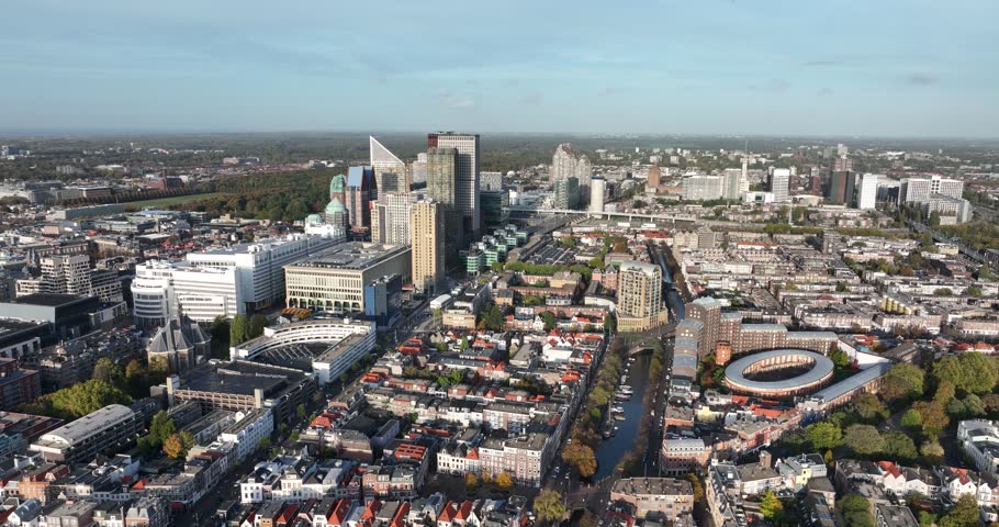 The Hague urban skyline of the center in The Netherlands south Holland, houses dutch government embassier ministires and supreme court and royal family. Aerial drone view.