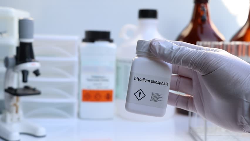 trisodium phosphate in bottle , chemical in the laboratory and industry, Chemicals used in the analysis